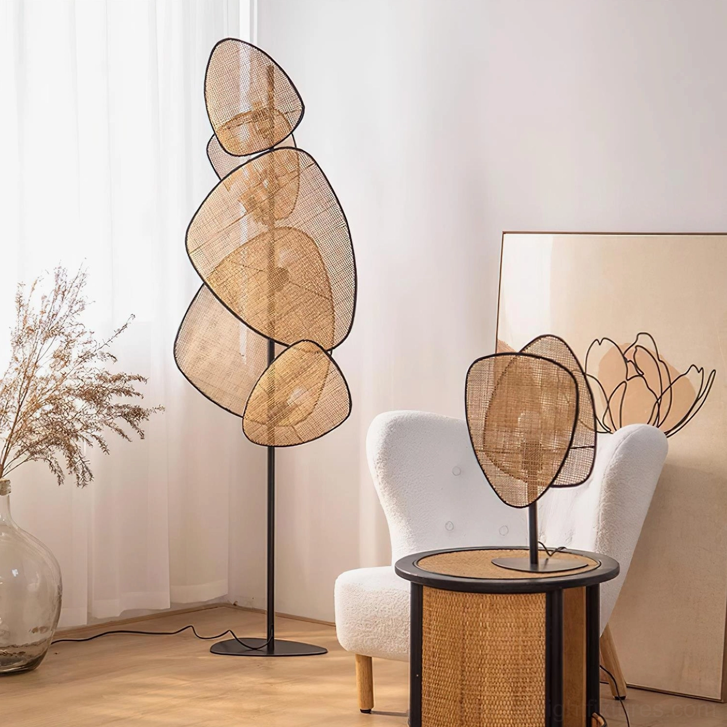 Cannage rattan floor lamp light brown color option with warm natural tones