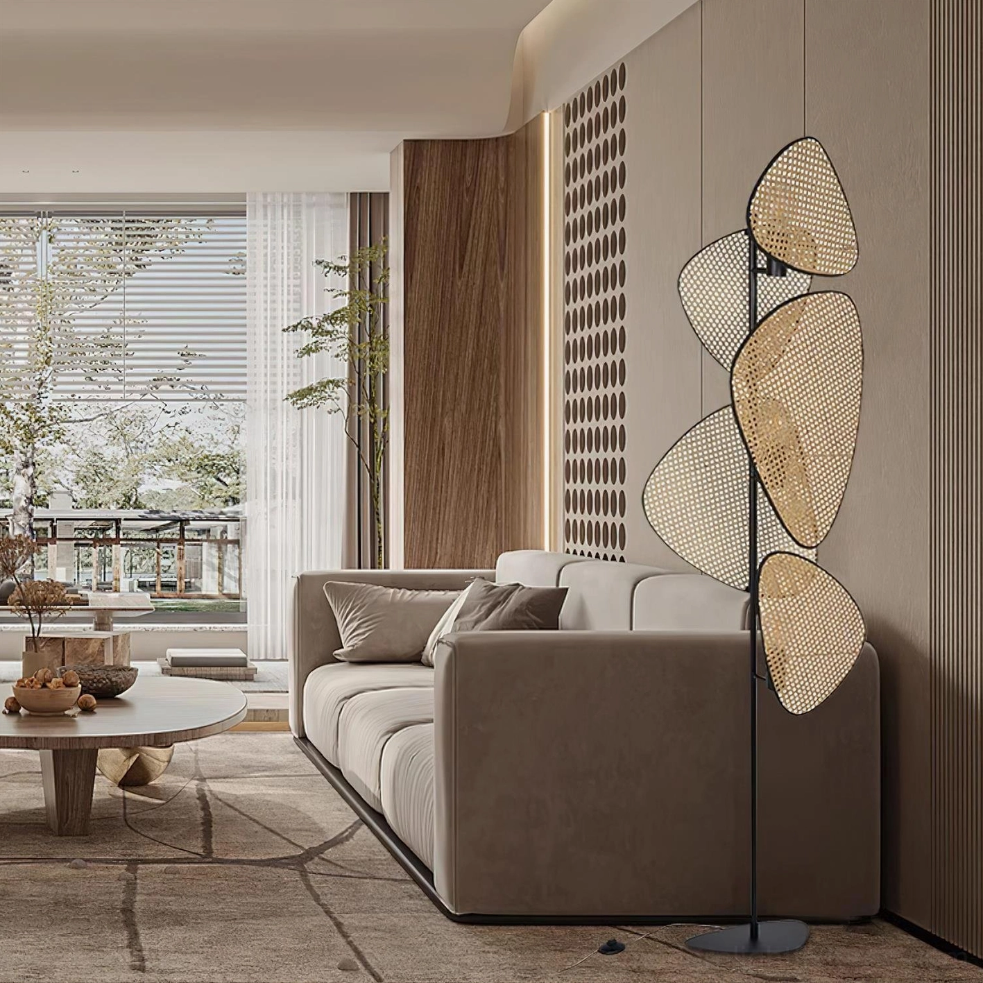 Cannage floor lamp in modern neutral living room corner next to light wood furniture
