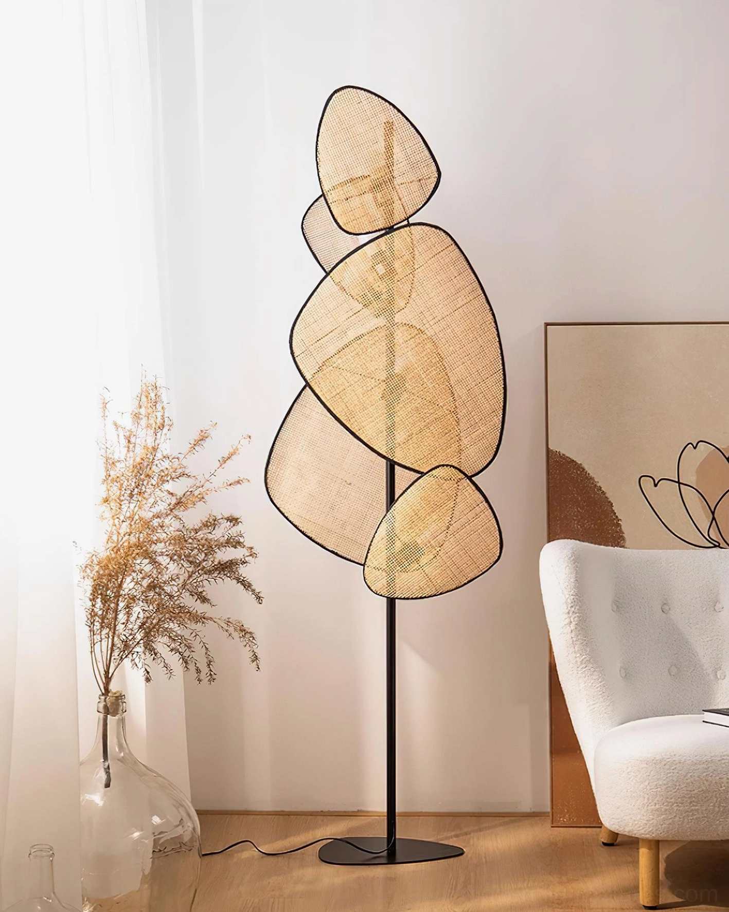 Cannage floor lamp multiple panel arrangement showing organic sculptural silhouette