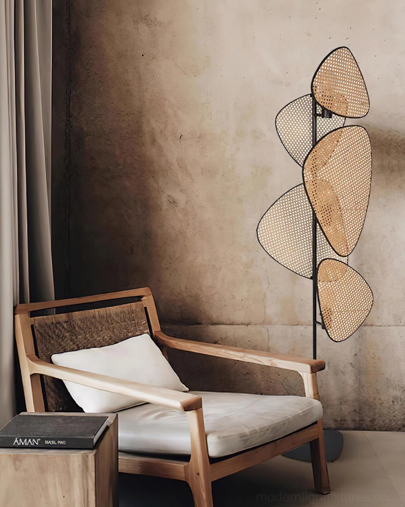 Cannage floor lamp side view against textured wall with minimalist wooden armchair nearby