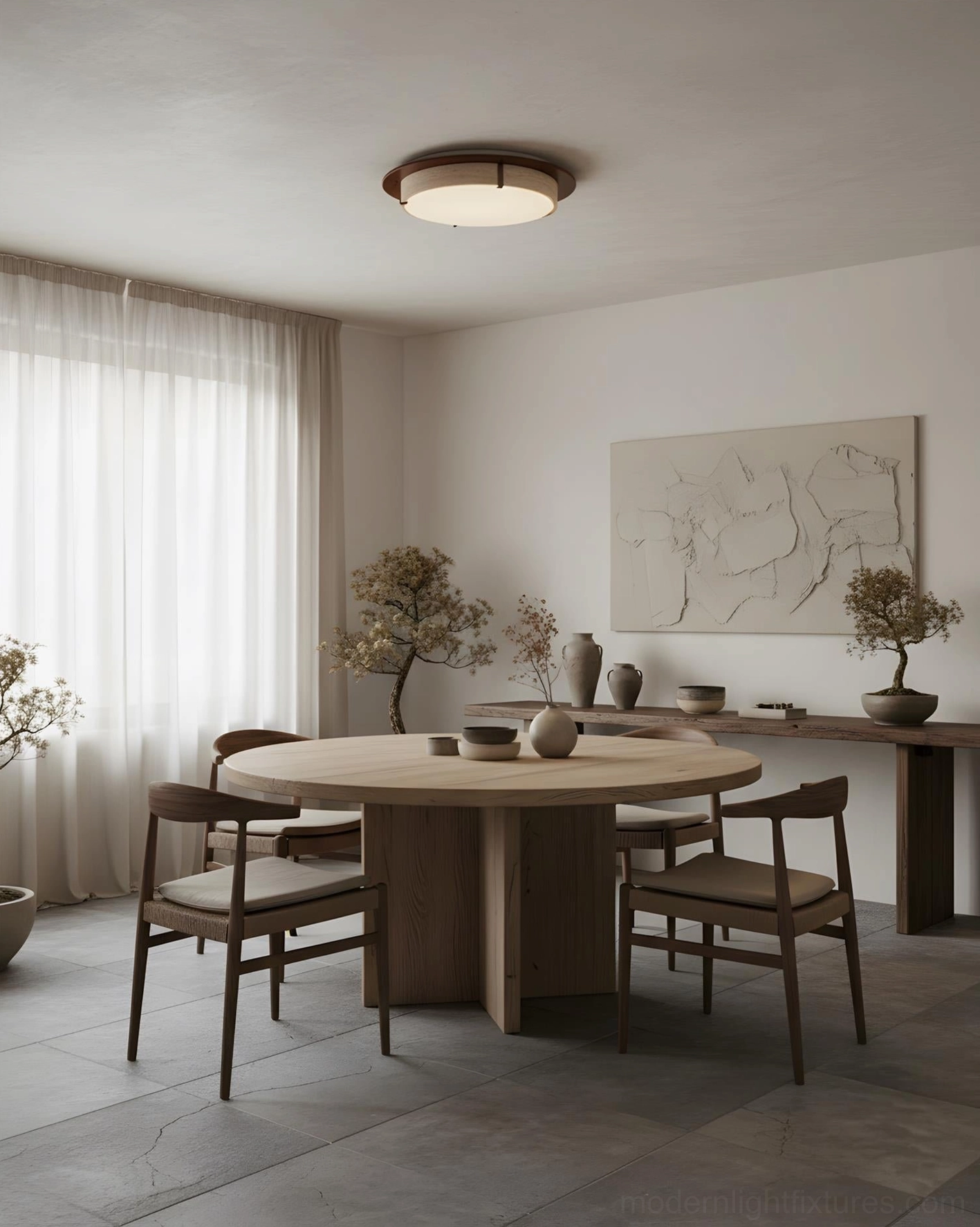 Cantera ring ceiling light installed in modern minimalist dining room with neutral decor
