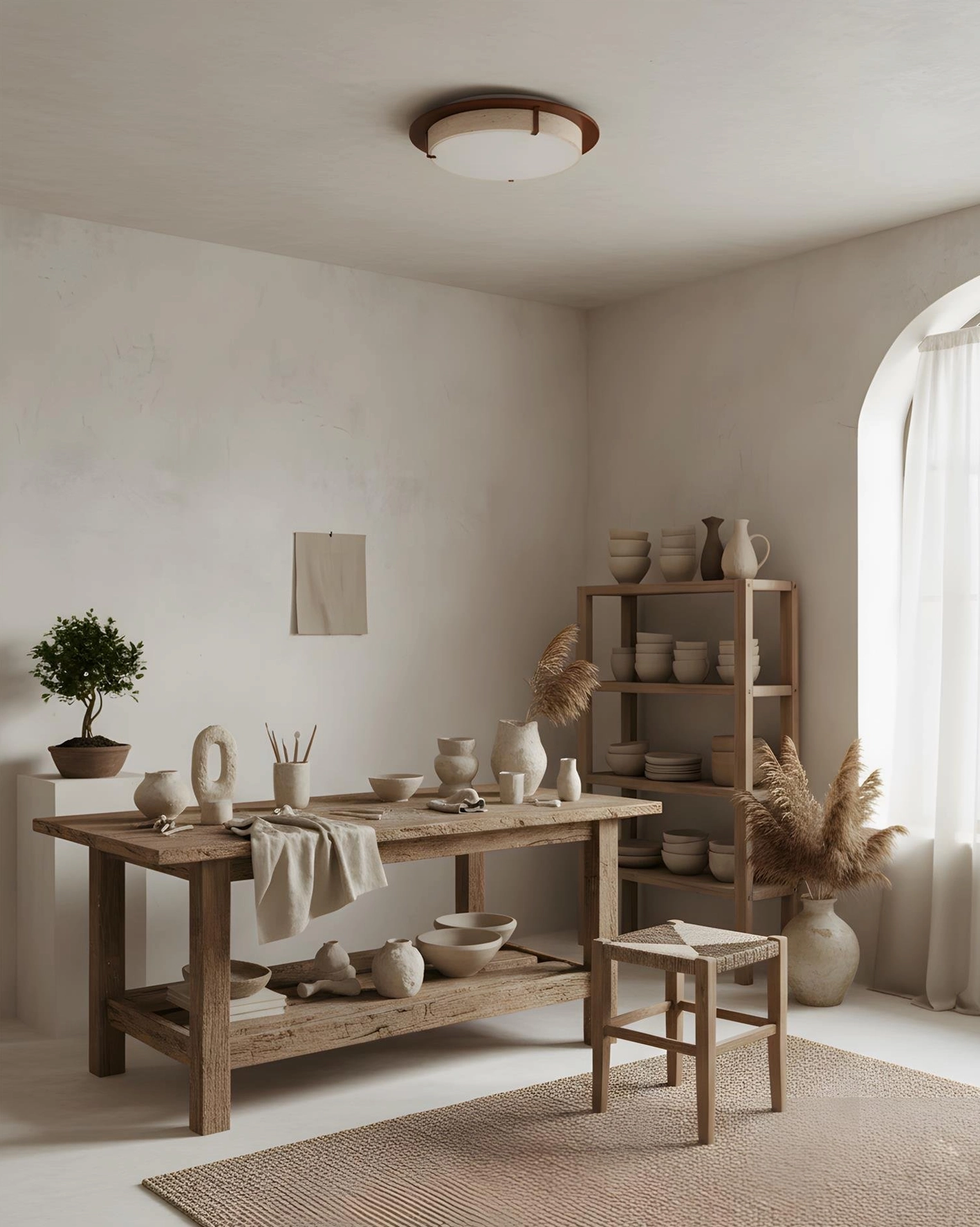 Contemporary home studio space featuring Cantera ceiling lamp with wooden furniture and neutral tones