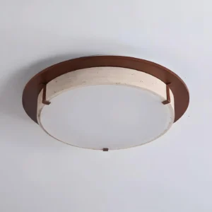 Large Cantera ceiling light fixture 63cm diameter walnut and beige travertine, disassembled view showing component parts