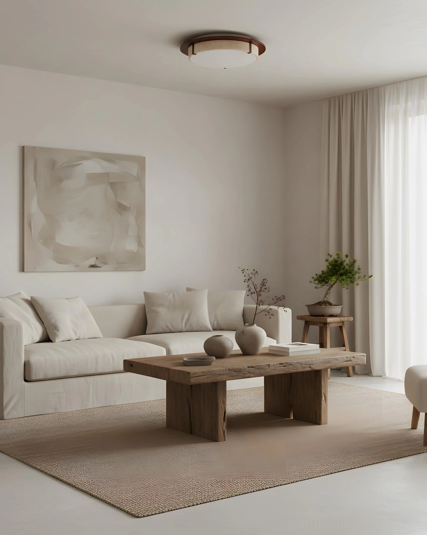 Minimalist living room with Cantera modern ring ceiling light in warm neutral interior design