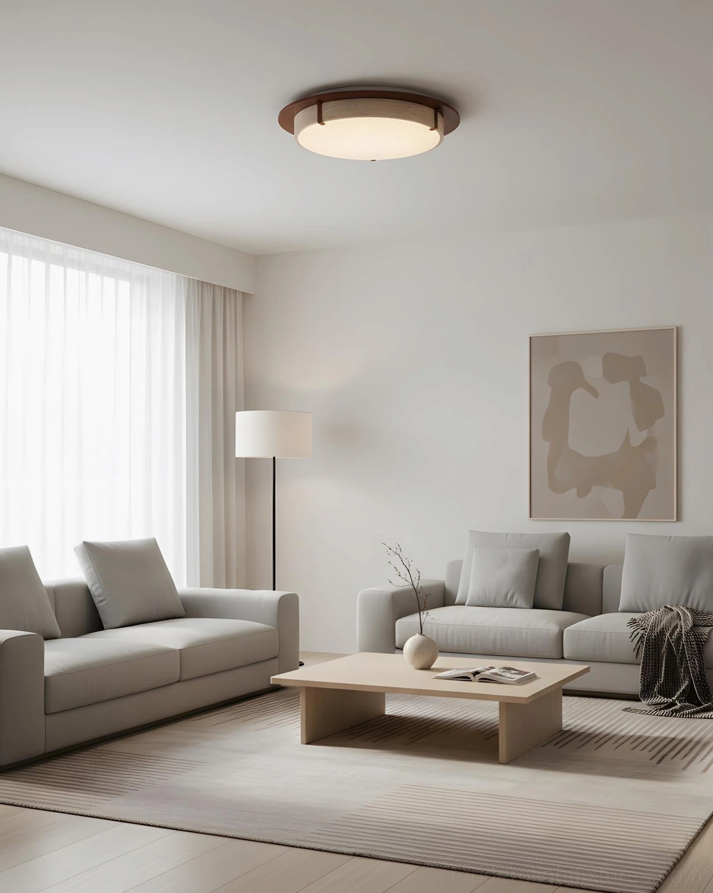 Bright Cantera ceiling fixture in modern minimalist living space with clean architectural lines