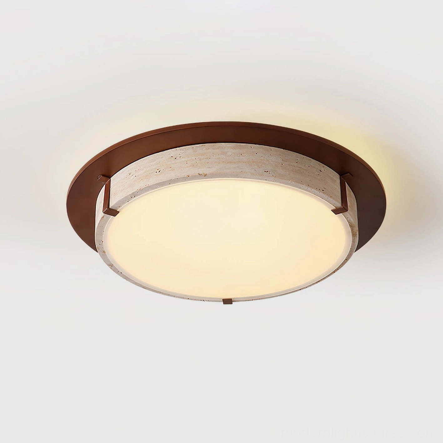 Small Cantera ceiling light 48cm diameter walnut and beige travertine, close-up lit view