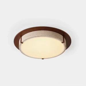 Cantera modern ring ceiling light with travertine stone band and dark metal frame, front close-up view