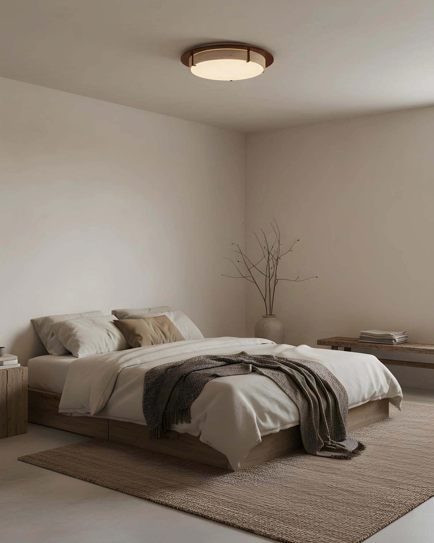 Warm wabi-sabi bedroom with Cantera travertine ring ceiling light fixture providing soft ambient glow