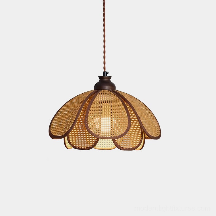 Capelina rattan petal pendant light with natural woven shade in walnut finish, front studio view