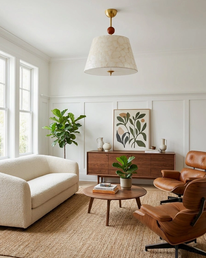 Modern ceiling pendant light in cozy living room setting, warm gold finish complement natural wood and neutral home decor