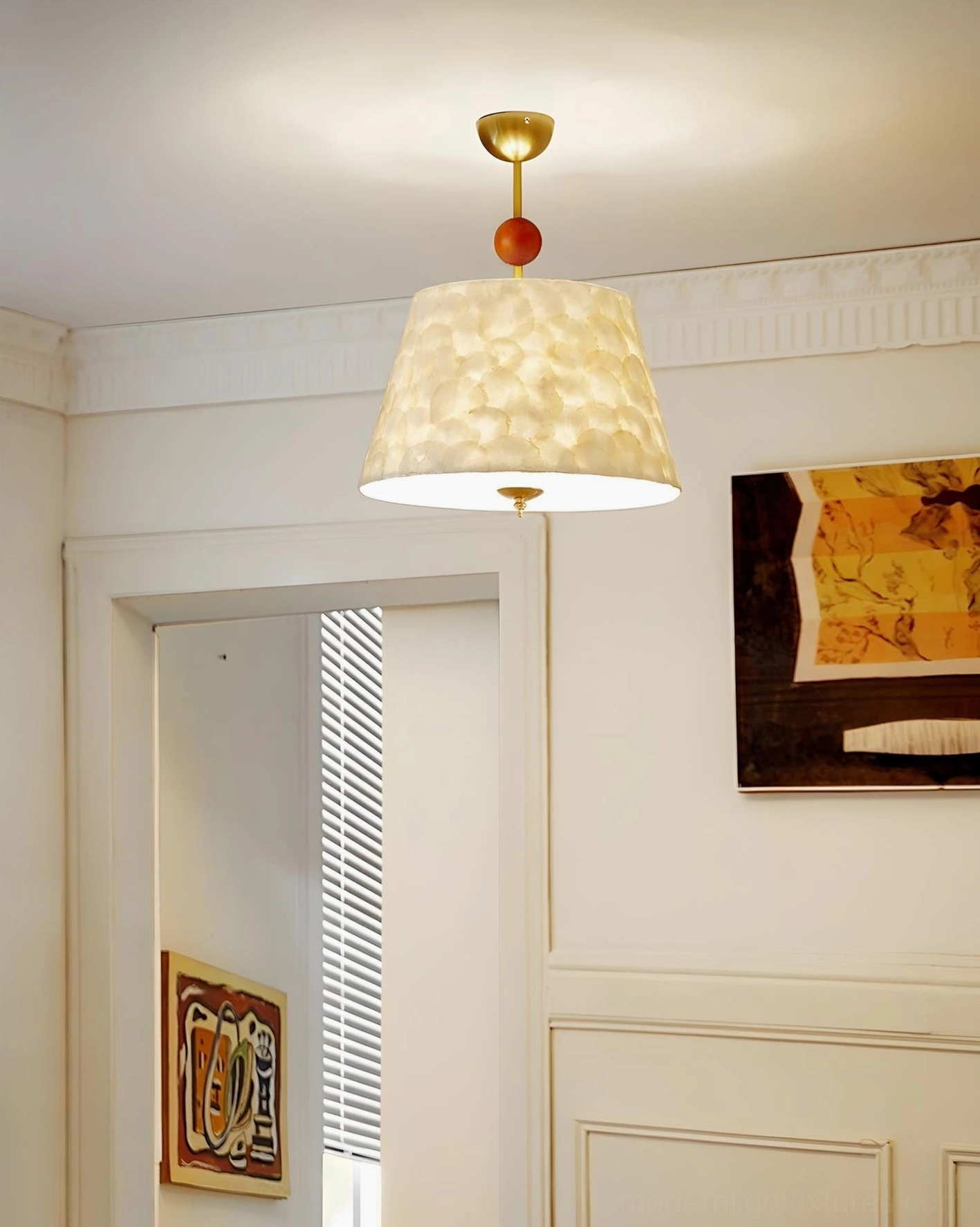 Illuminated Capella ceiling light in residential hallway, warm glowing shade demonstrating soft ambient lighting quality