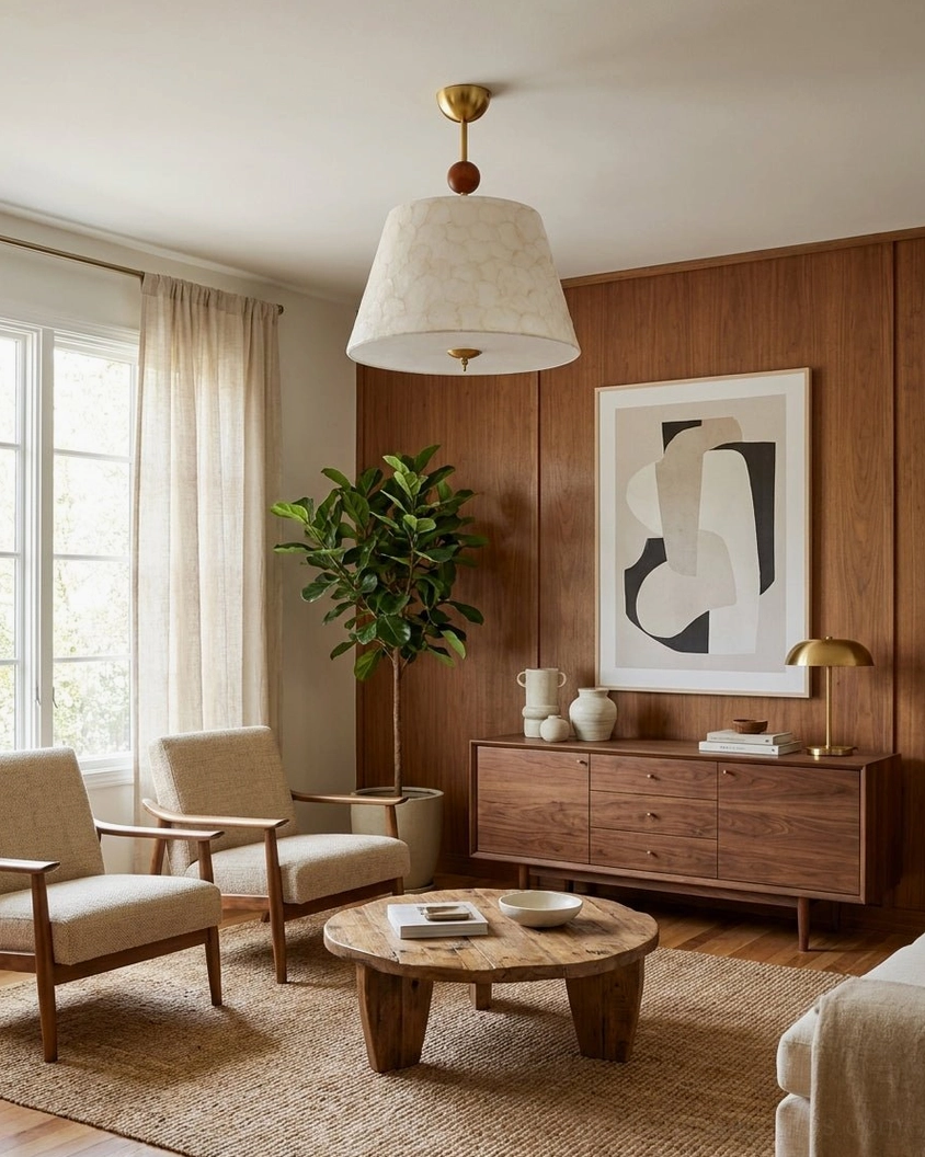 Contemporary ceiling pendant light in wood-paneled sitting room, warm brass accent and wooden bead detail showcase