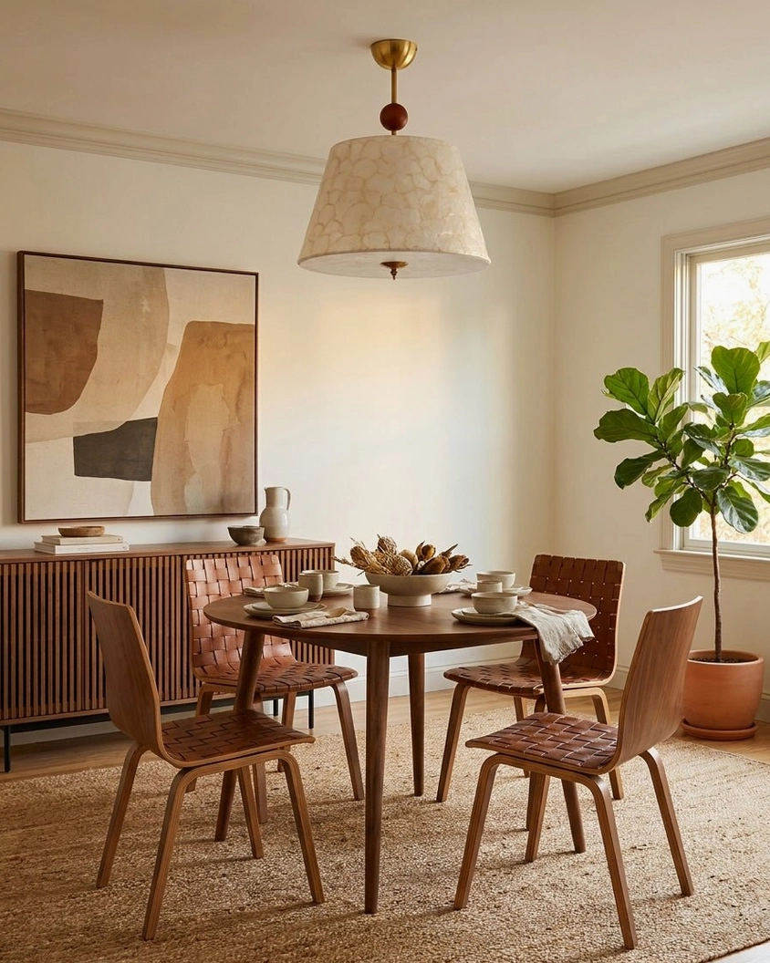 Capella ceiling light installed in mid-century modern dining room, warm overhead pendant fixture creating ambient illumination