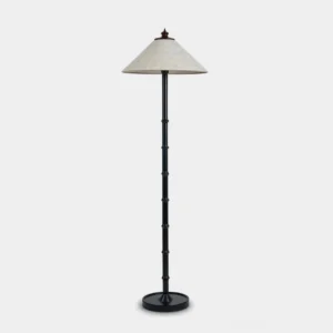 Capelle capiz shell floor lamp with bamboo-style black stem, pearly cream coolie shade, and round black wood base - studio front view
