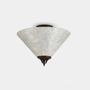 Capelle capiz shell flush mount ceiling light with walnut wood mount, frontal studio product view showing tapered cone shade