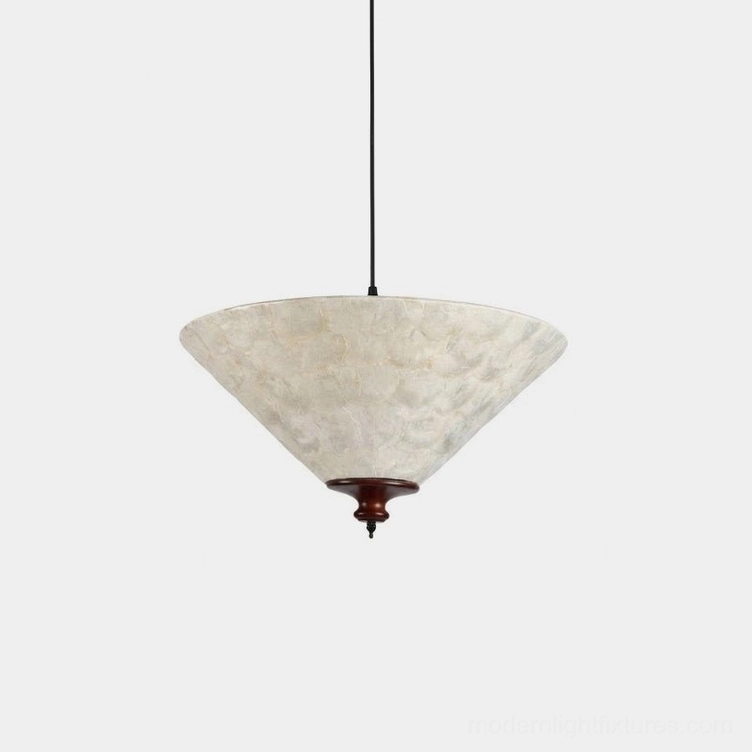 Capelle capiz shell pendant light with tapered cream cone shade and walnut wood finial, studio product photography on white background