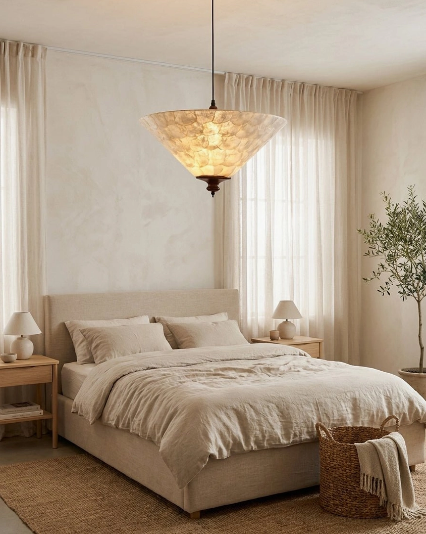 Capelle capiz shell pendant light in minimalist bedroom with neutral tones and soft warm illumination for bedroom lighting design