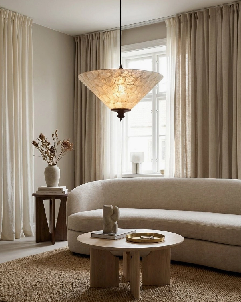 Capelle capiz shell pendant light side view in modern living room with fabric sofa and taupe curtains, warm interior lighting