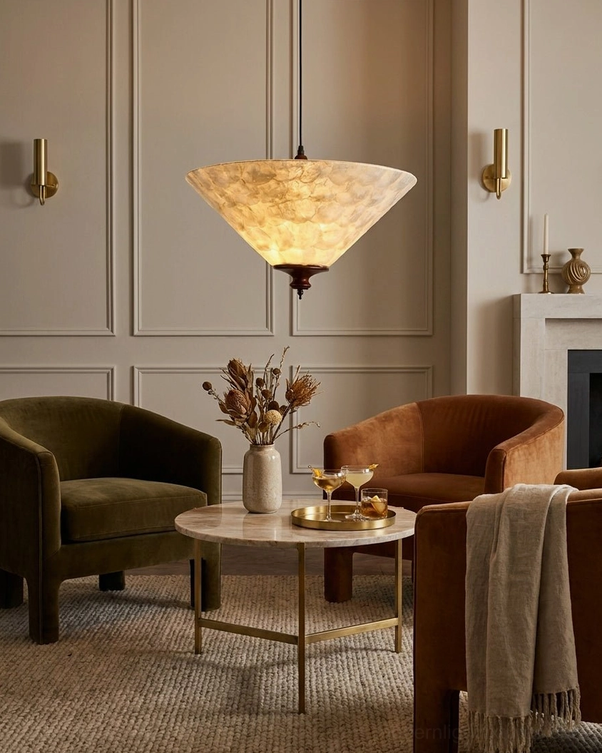 Capelle capiz shell pendant light glowing warm amber in luxury living room with velvet furniture and elegant home decor