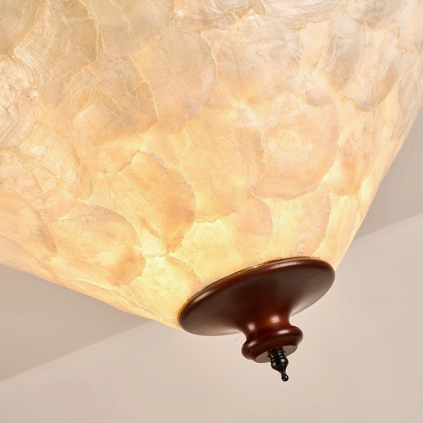 Capelle capiz shell pendant light with walnut finish wood canopy small shade diameter 35cm full fixture detail view