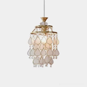 Capiz shell teardrop pendant light with K9 crystal accents, full front view showing tiered iron frame and translucent petals in chrome finish