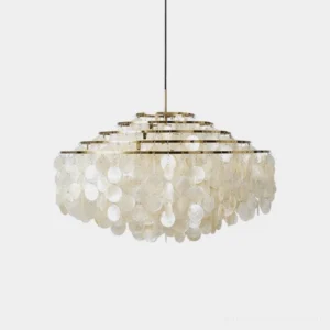 Modern Capiz shell chandelier with tiered white shells and gold metal frame, front view studio display