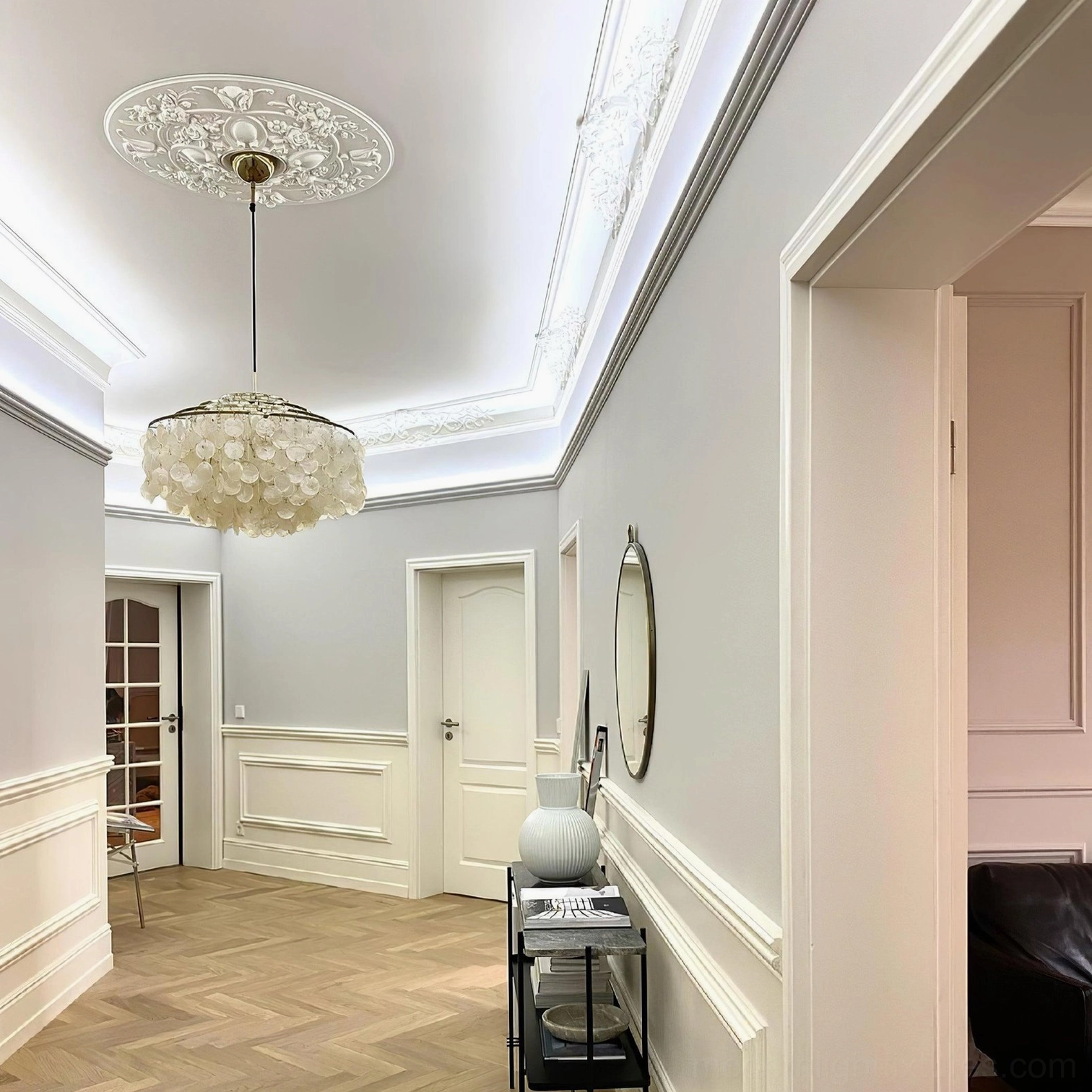 Capiz shell pendant light with brass accents in luxury bohemian interior design