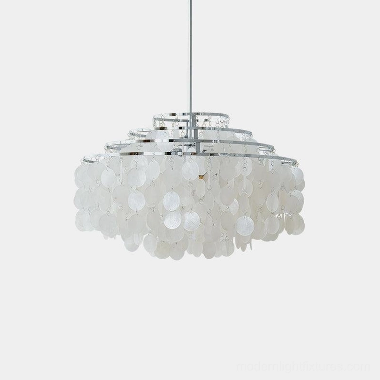 Capiz shell pendant chandelier chrome finish contemporary metal frame detail