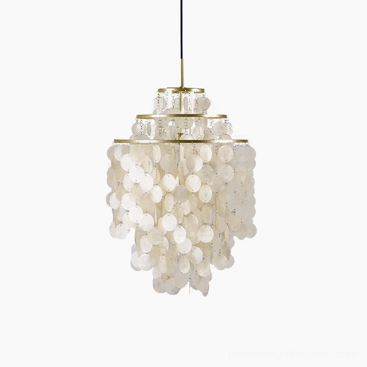 Capiz shell pendant fixture showing dimmer compatibility and light level adjustment