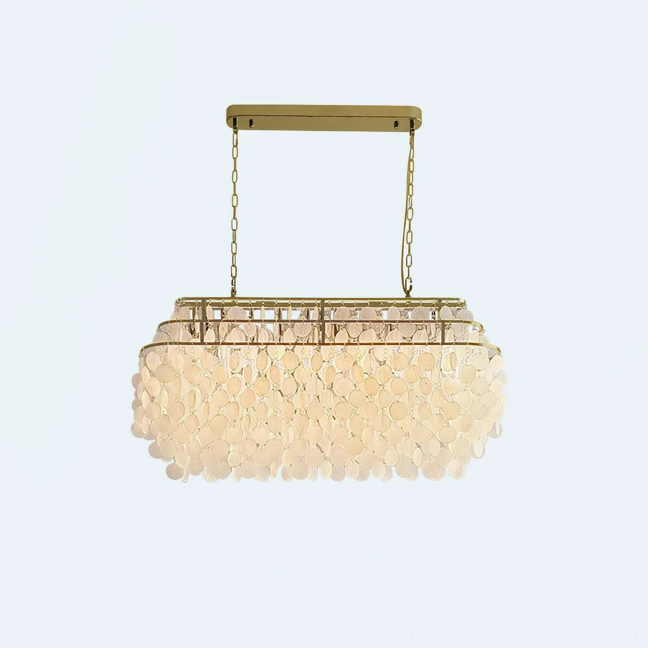 Capiz shell pendant chandelier gold metal frame with layered white shell arrangement