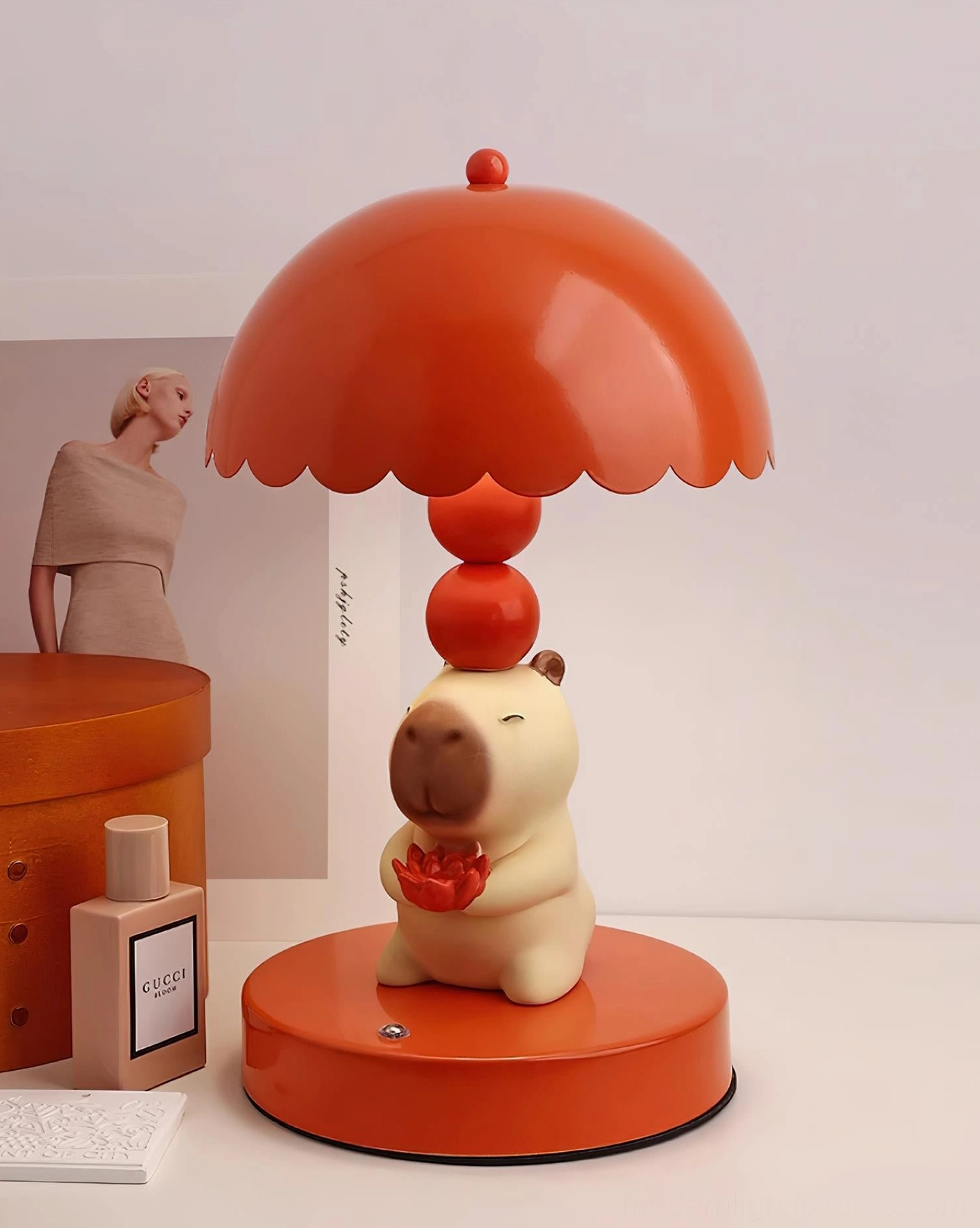 Capybara table lamp in contemporary home setting with minimalist interior design