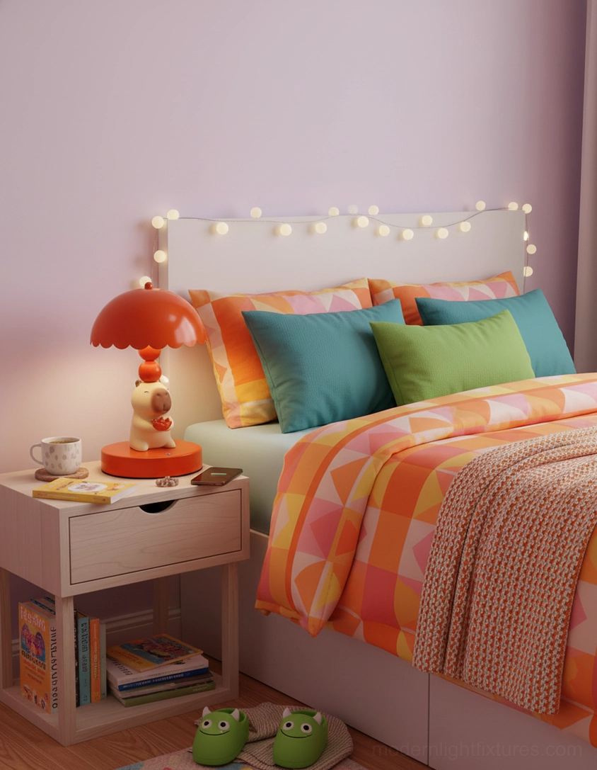 Red capybara table lamp on bedroom nightstand with colorful bedding and string lights