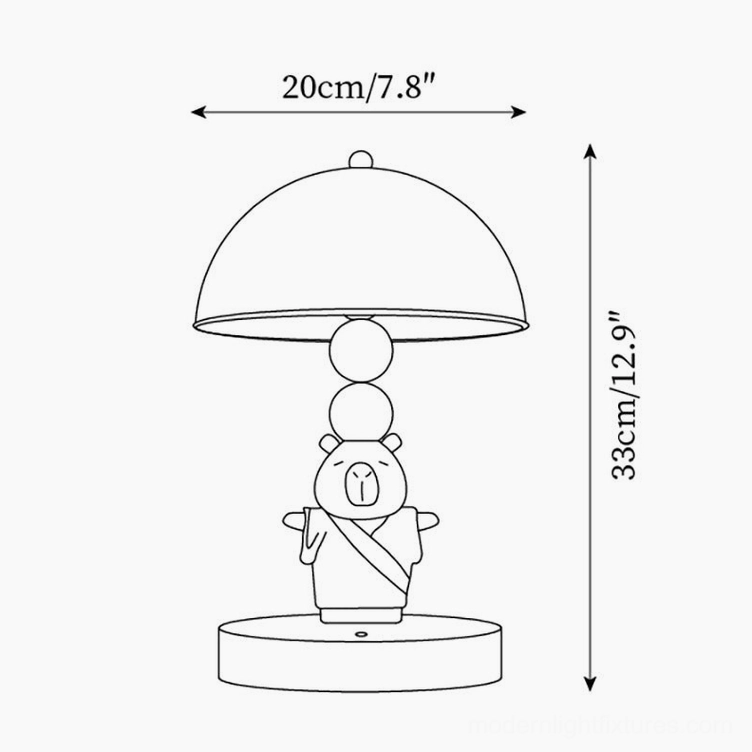 Capybara table lamp technical line drawing with dimensions, orthographic design view