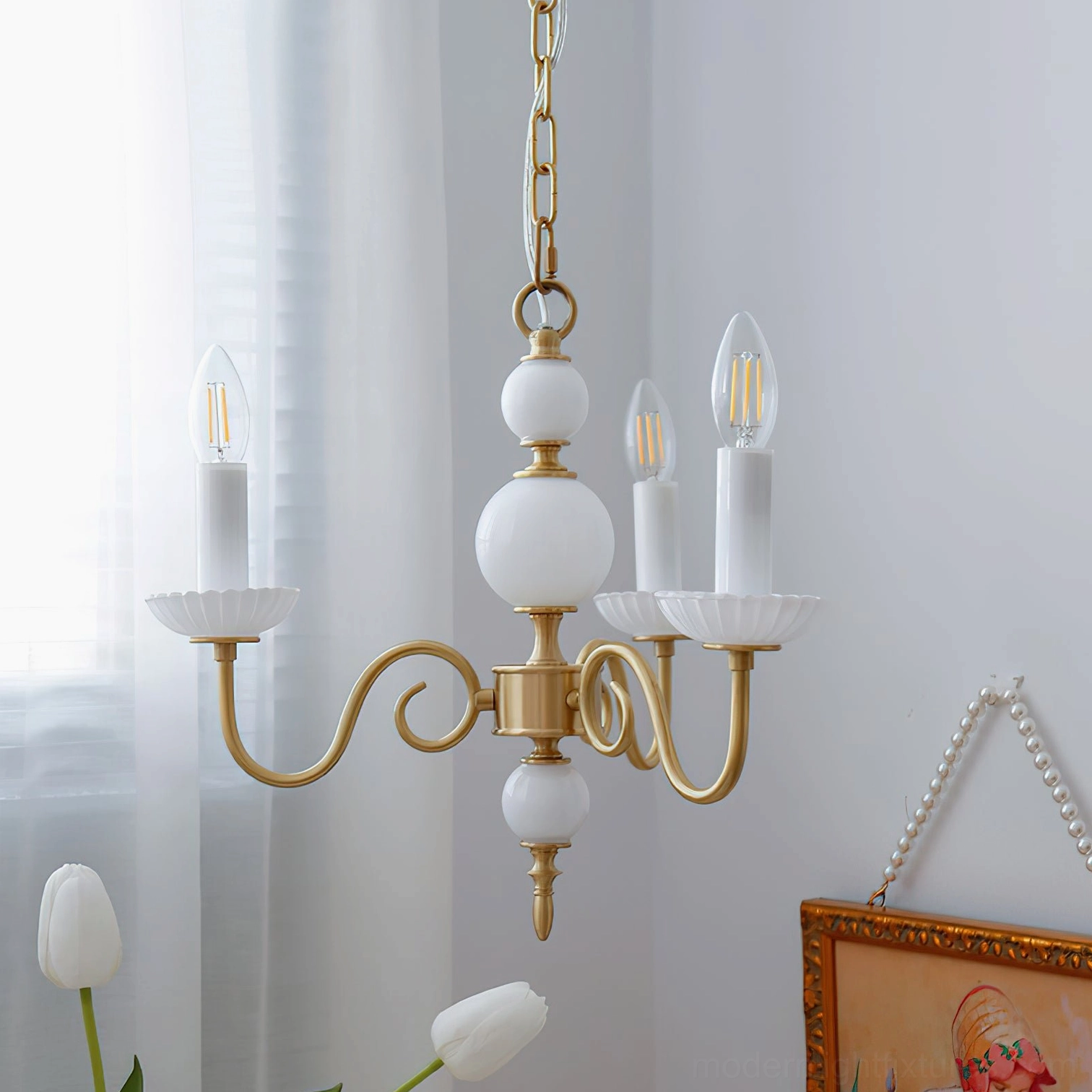 Carlita 3-head brass and white candle chandelier compact size model