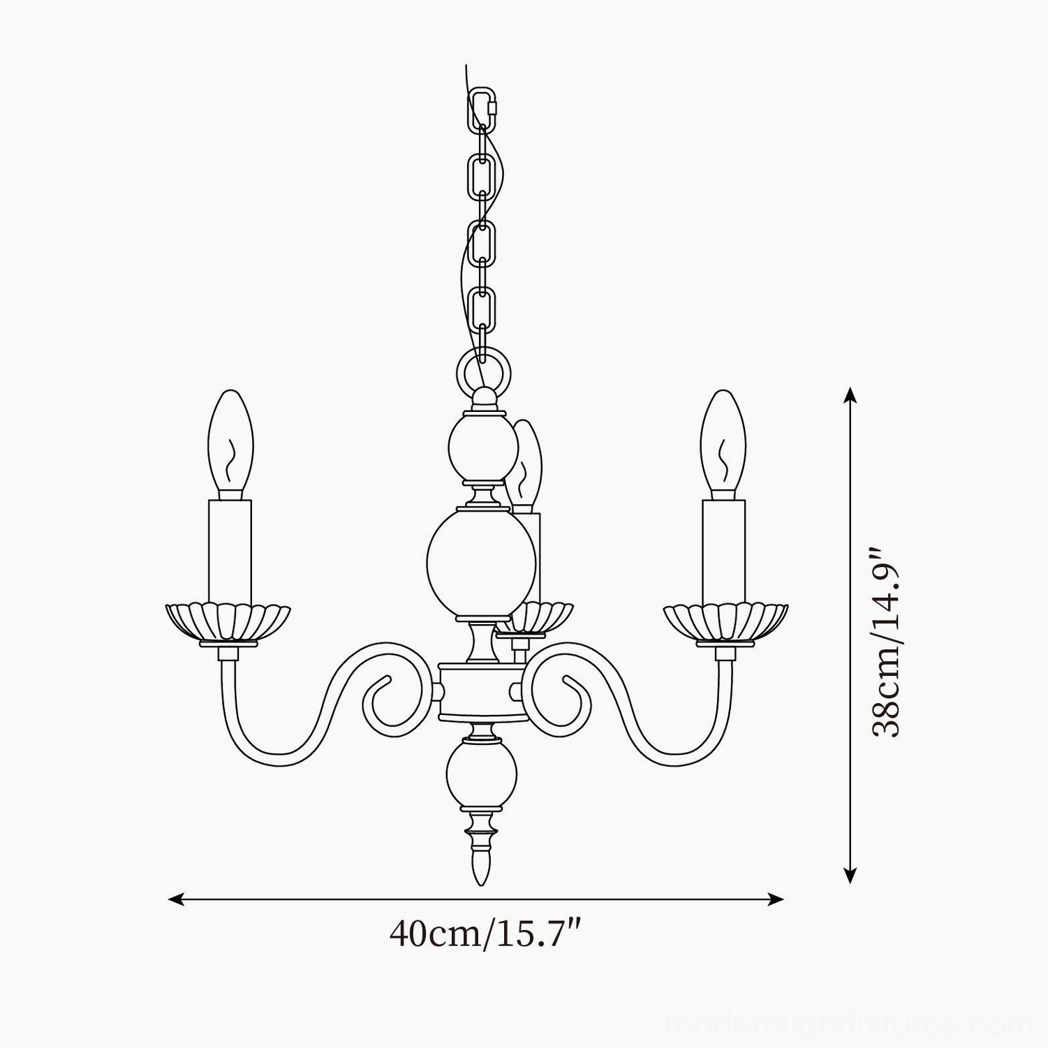 Carlita 3-head chandelier technical drawing specifications 40cm diameter