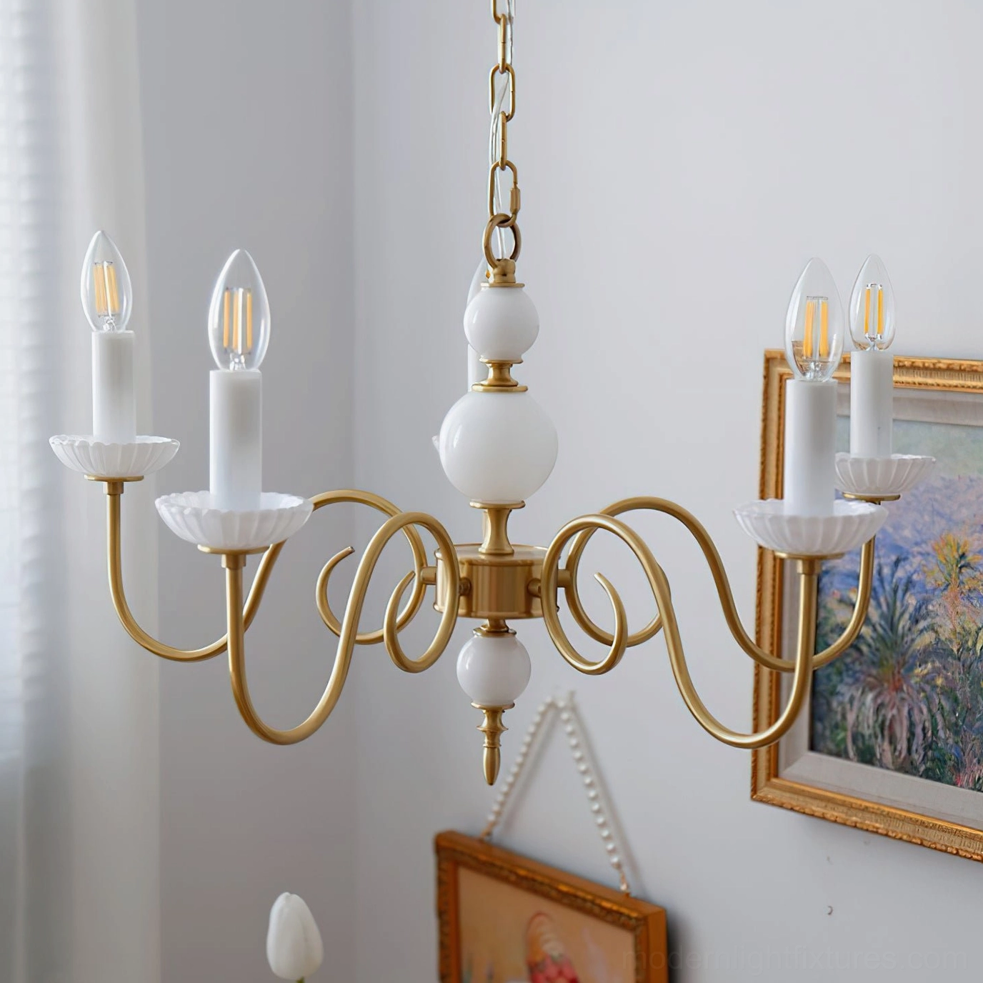 Carlita 5-head brass and white candle chandelier large size fixture