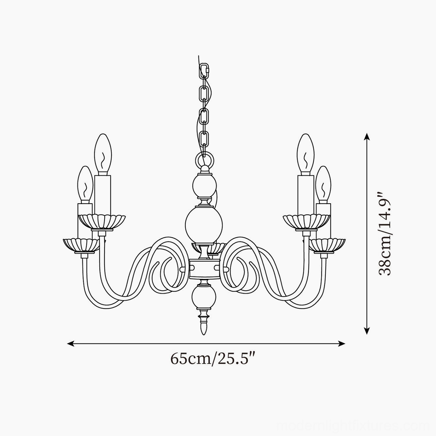 Carlita 5-head chandelier technical drawing specifications 65cm diameter 38cm height
