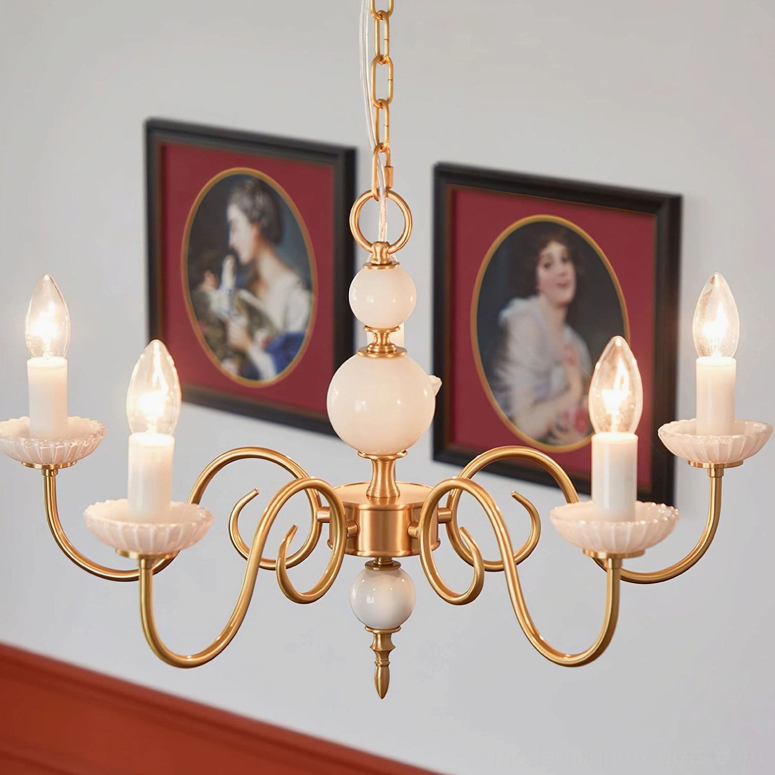 Contemporary maximalist brass chandelier with classic curved arm design