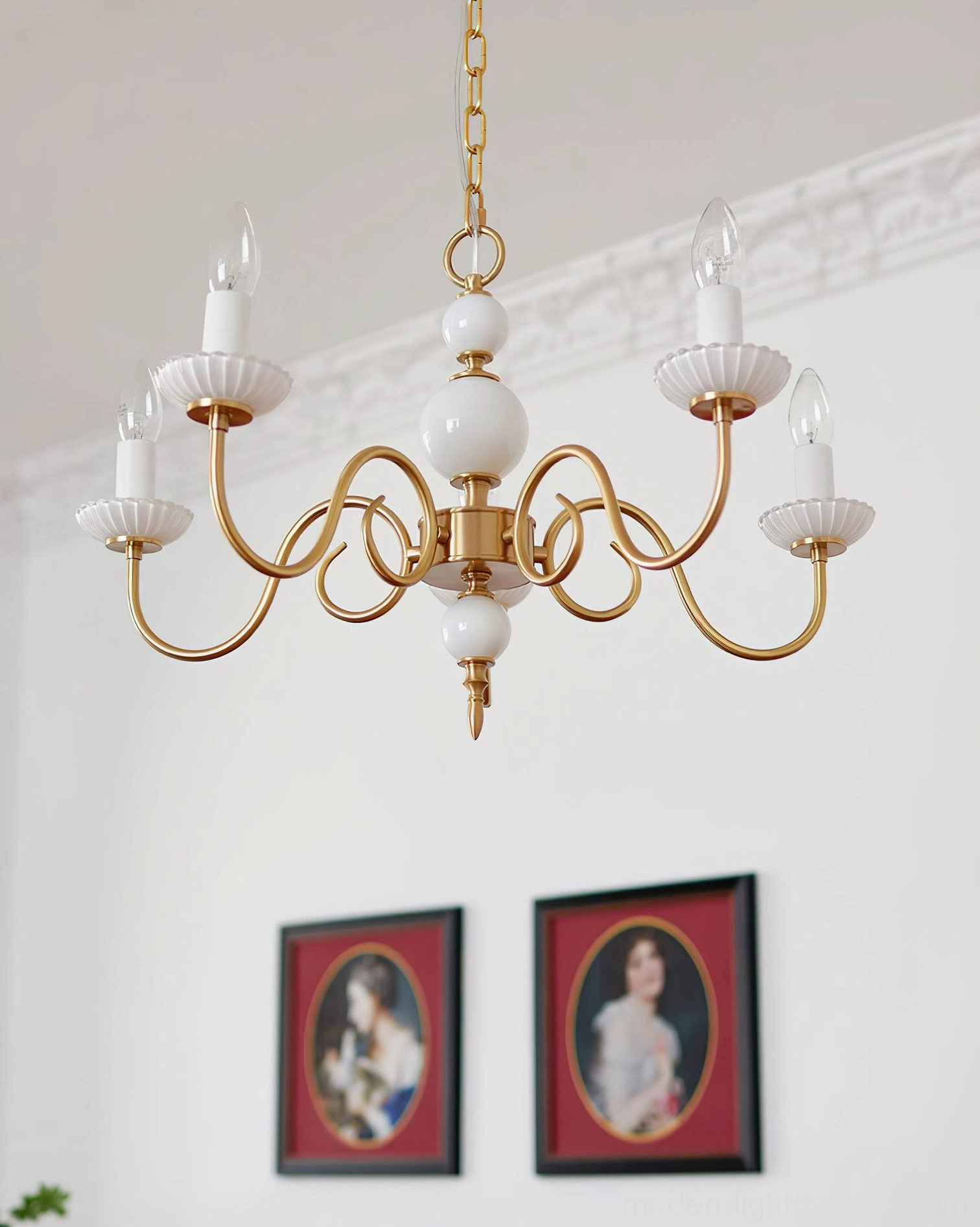 Luxury brass candle chandelier with detailed ceramic candle cups architectural lighting