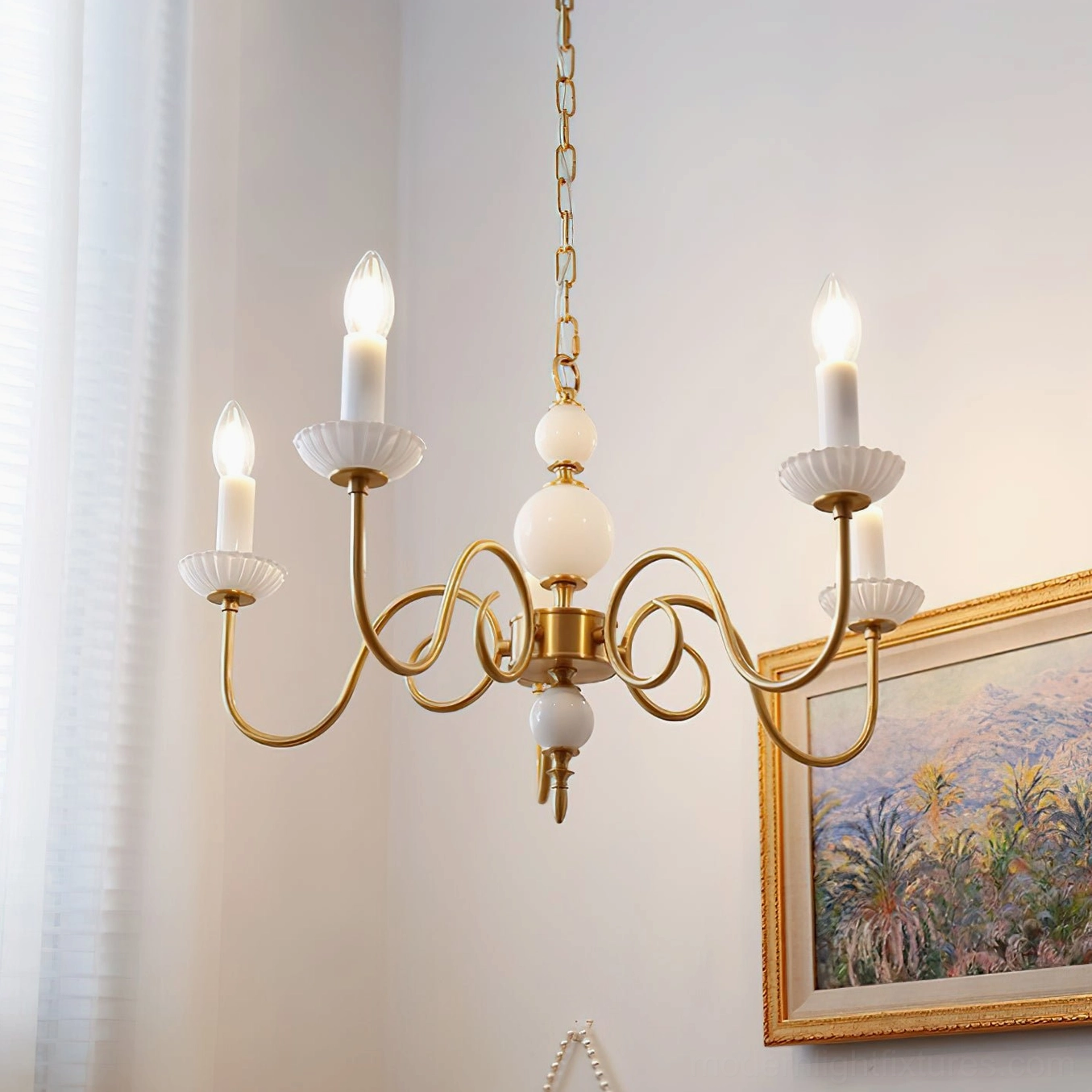Transitional design brass chandelier with white ceramic elements in home interior