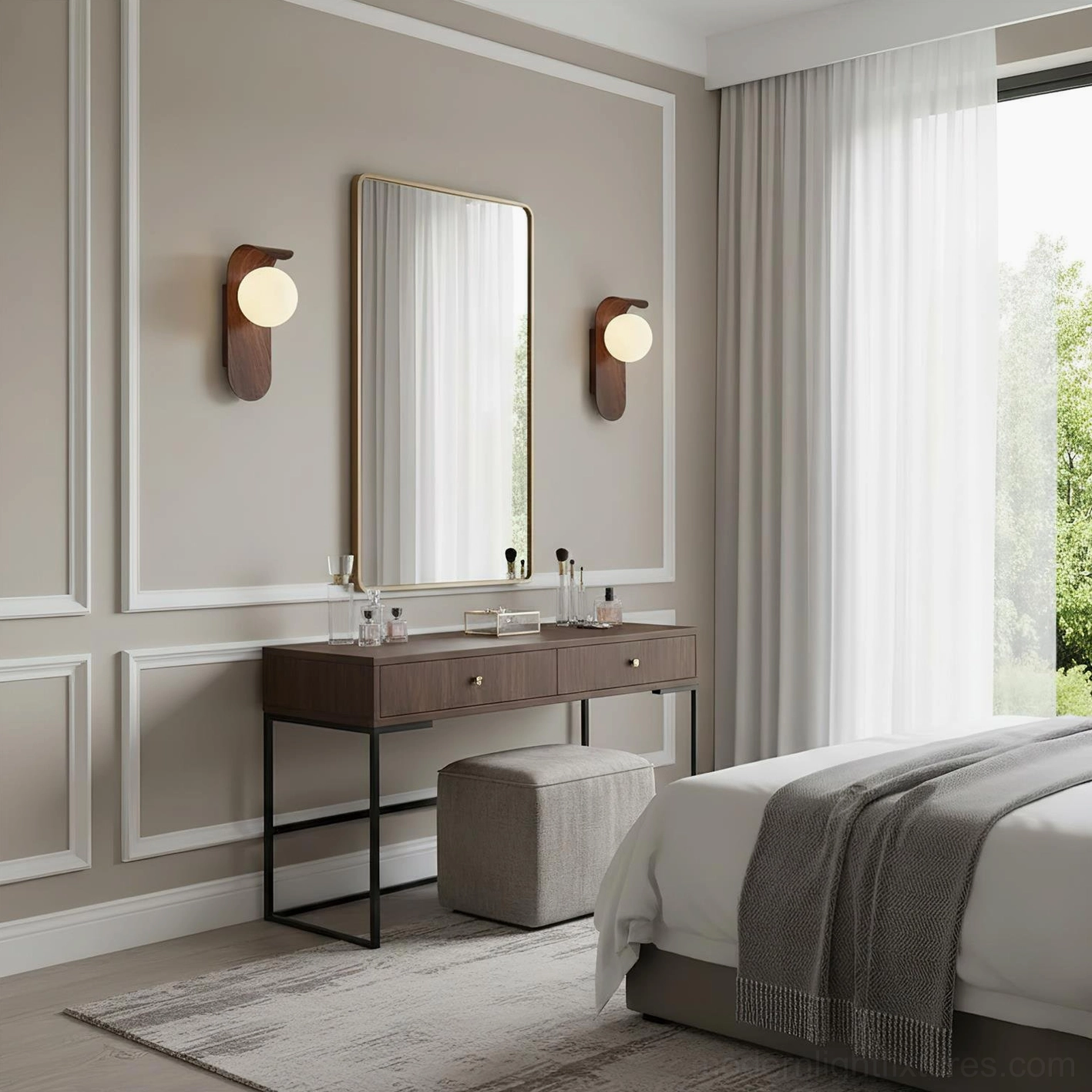 Pair of Carlyle wall sconces flanking vanity mirror on wainscoted wall in primary bedroom with soft ambient light