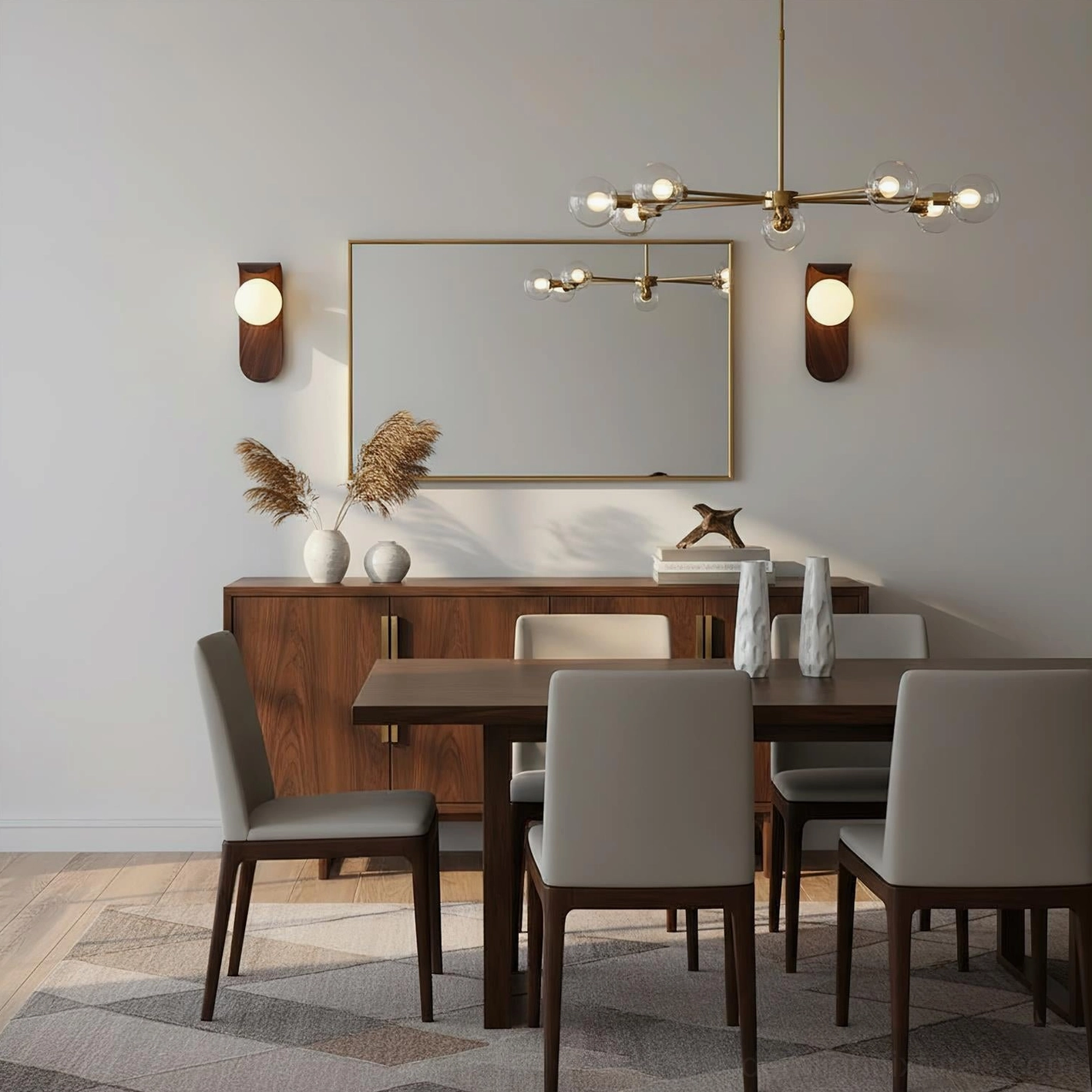 Pair of Carlyle wood-finish sconces flanking wall mirror above wooden buffet in modern upscale dining space