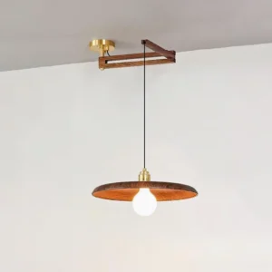 Brass and walnut Carlyle pendant lamp three-quarter angle view against light grey backdrop