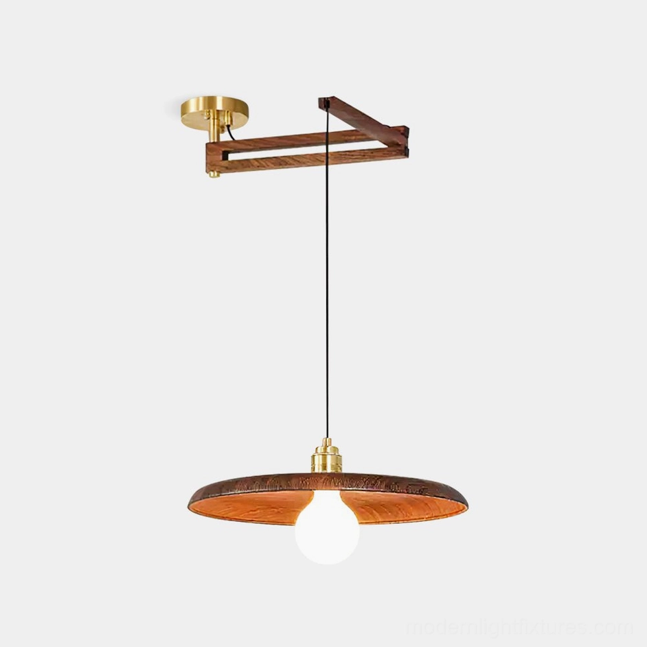 Carlyle wood pendant light with walnut and brass finish shown in front studio view