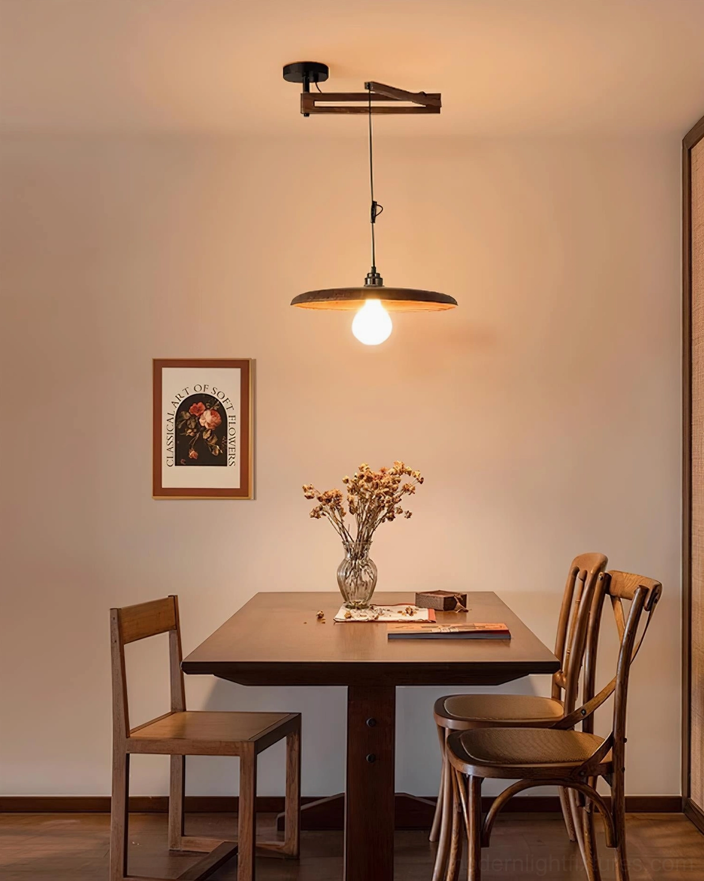 Carlyle pendant light fixture close-up detail of wood grain and brass hardware