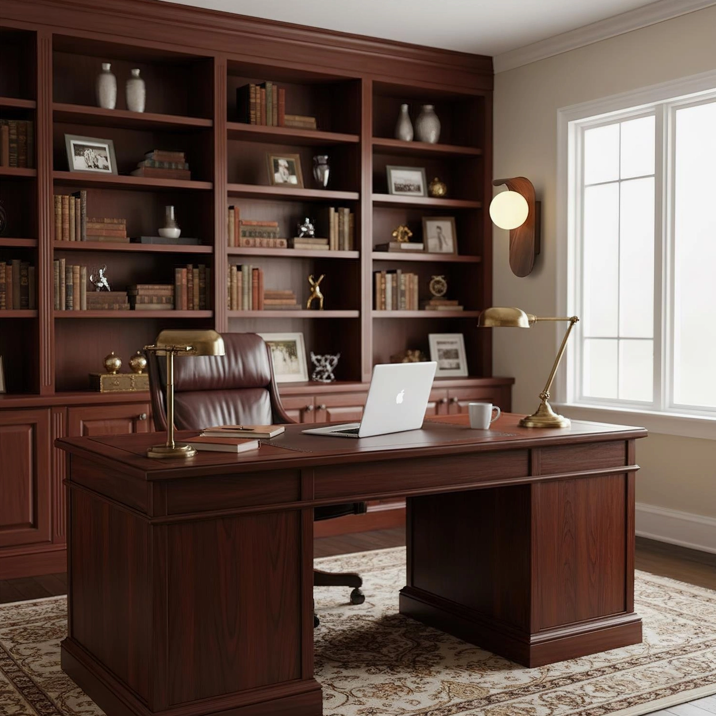 Carlyle wooden wall sconce mounted beside executive desk in traditional built-in bookshelf home office