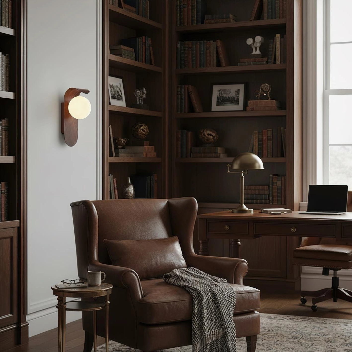 Carlyle wooden sconce mounted above side table in traditional leather home office study corner