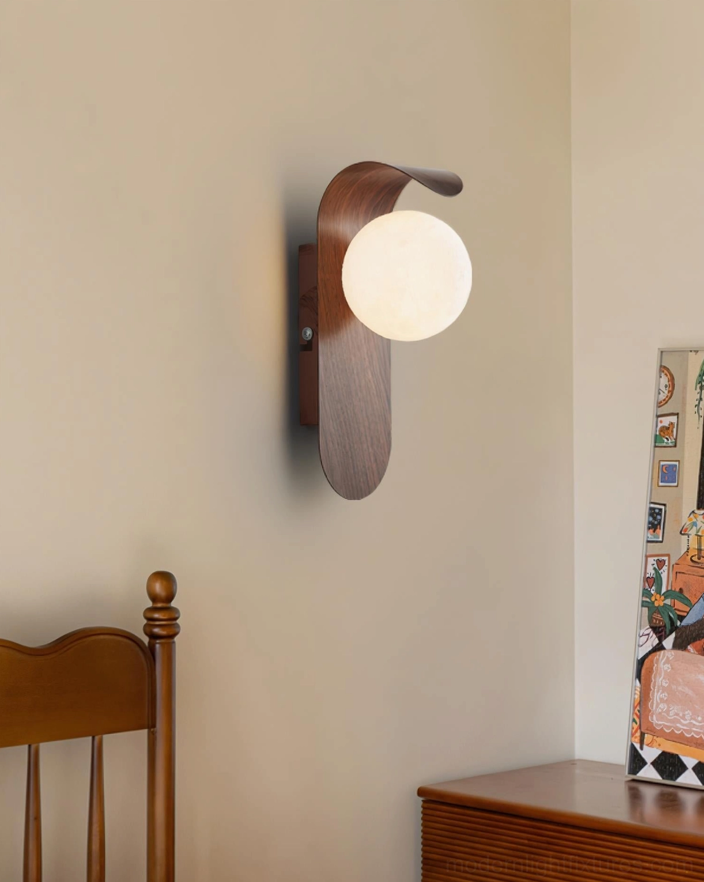 Carlyle wall sconce water transfer printed wood-finish base metal construction detail closeup