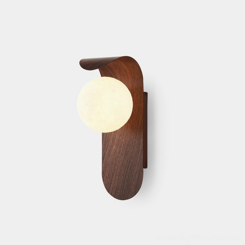 Carlyle modern wood-finish wall sconce with frosted glass globe, walnut color, frontal studio view against white backdrop
