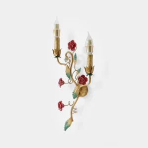 Carmelia dual candle wall sconce with gold metal frame and hand-painted red roses and green leaves, front studio view